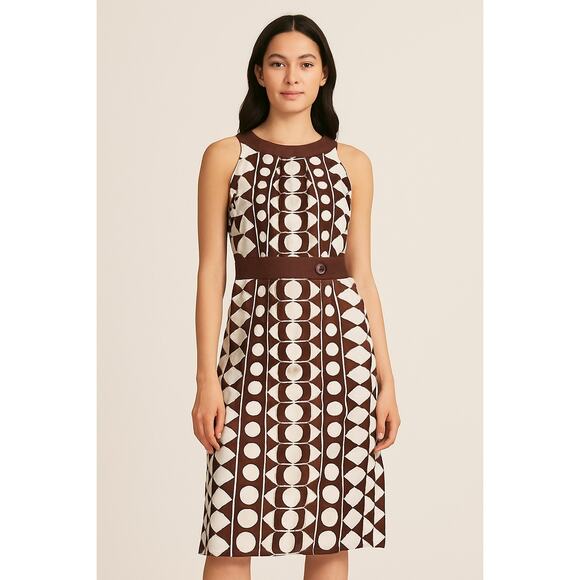 NWT Harold’s Brown White Geometric Print Sleeveless Linen Dress – Size 10 - Picture 1 of 9